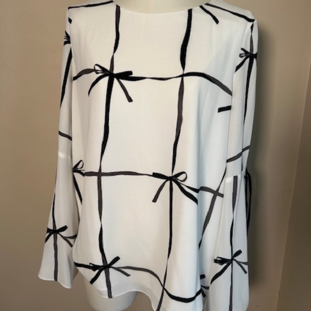 CeCe Lattice Ribbons Bell Sleeve Blouse, New Ivory Medium